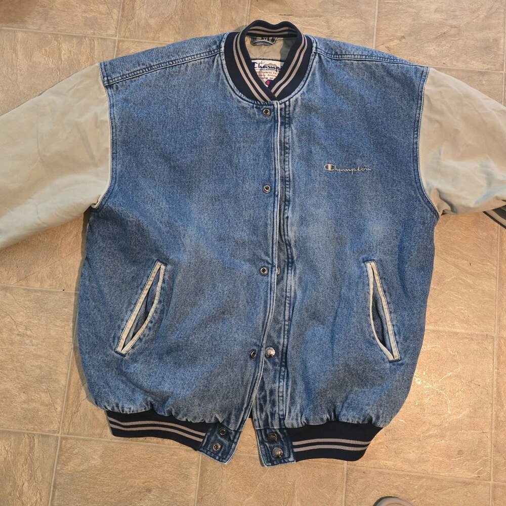 Vintage Champion 90s denim varsity bomber jacket - M